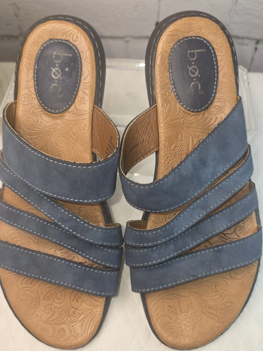 BOC BLUE LEATHER STRAPPY CUSHIONED FLAT SANDAL MINIMALIST FISHERMAN WOMENS 8 EUC